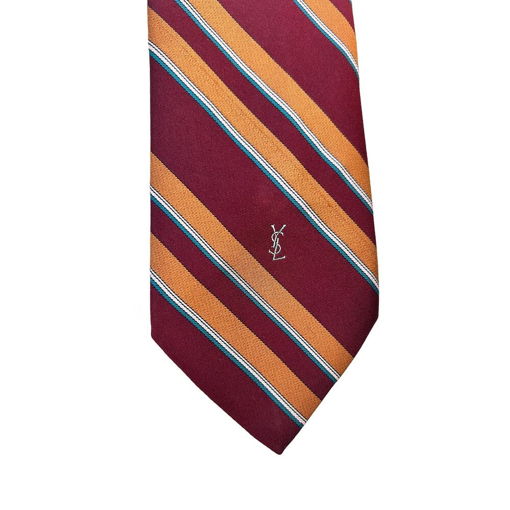 Yves Saint Laurent Cassandre YSL Logo Monogram Women’s Red Striped Tie Necktie - Picture 4 of 6